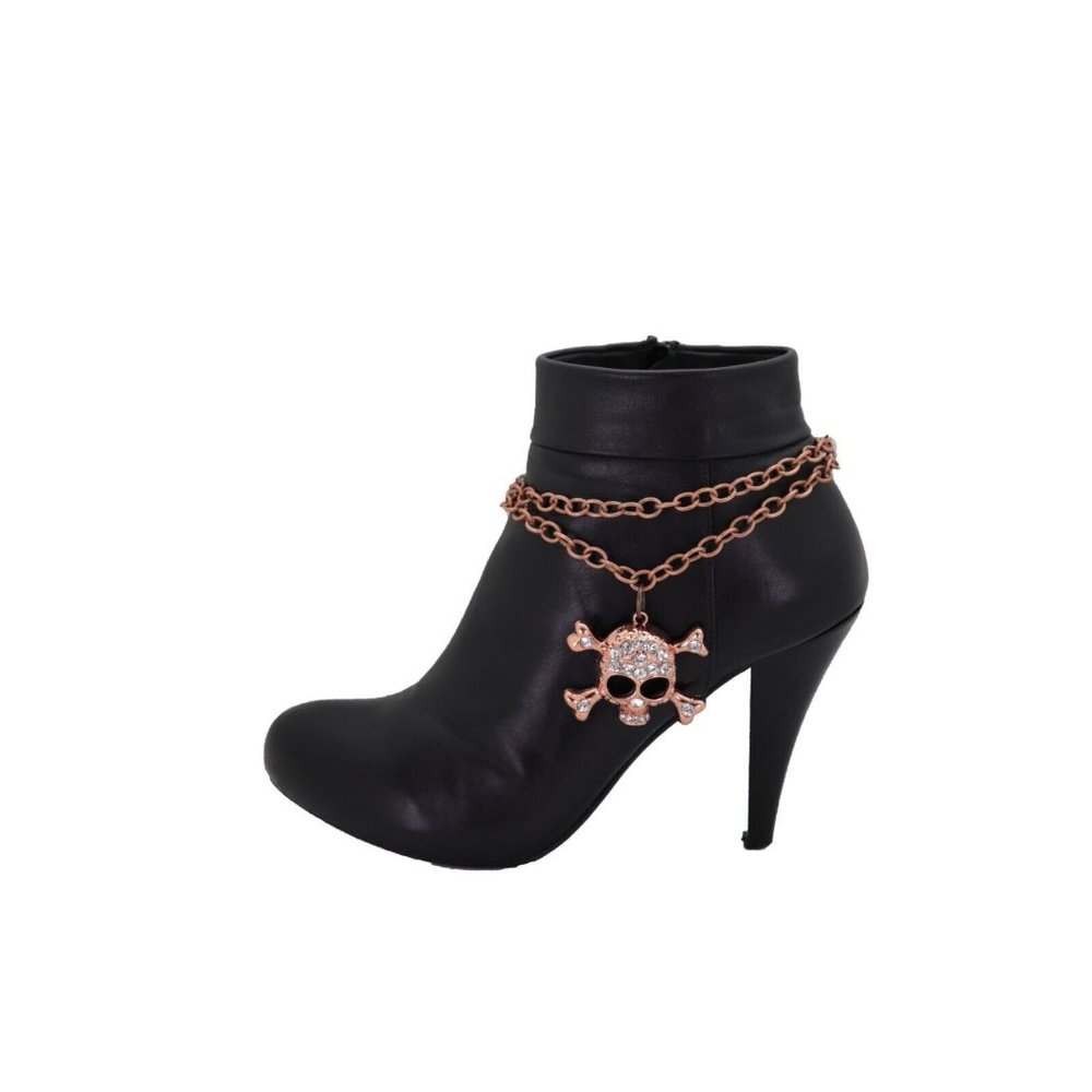 Women Rose Gold Metal Boot Chain Bracelet Shoe Skeleton Skull Charm Biker Look